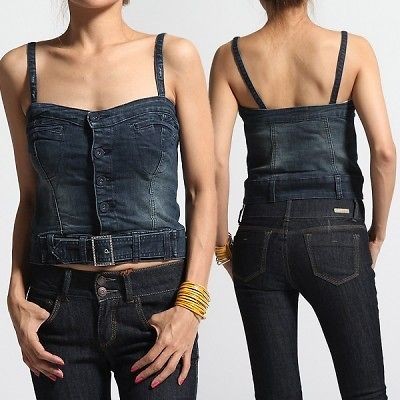   Washed Denim BELTED BANDEAU TOP Button Front Bralet Corset Tank