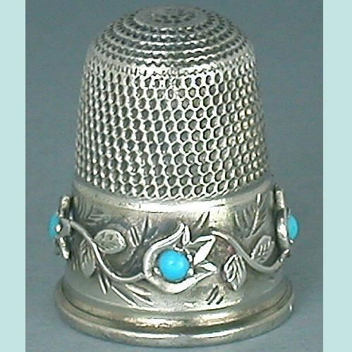 Antique English Sterling Silver & Turquoise Tulips Thimble 