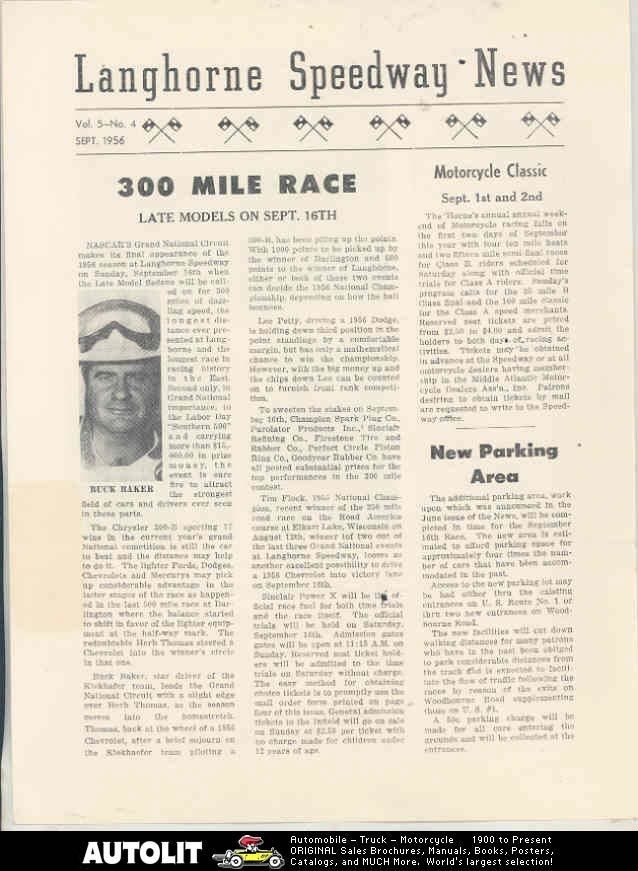   Langhorne Speedway Brochure Lee Petty Jim Pascal Chrysler 300B NASCAR