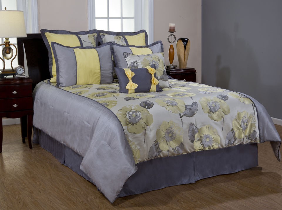piece Luxury Comforter Bedding Set  A. Har, Yellow/Grey, Queen/King 