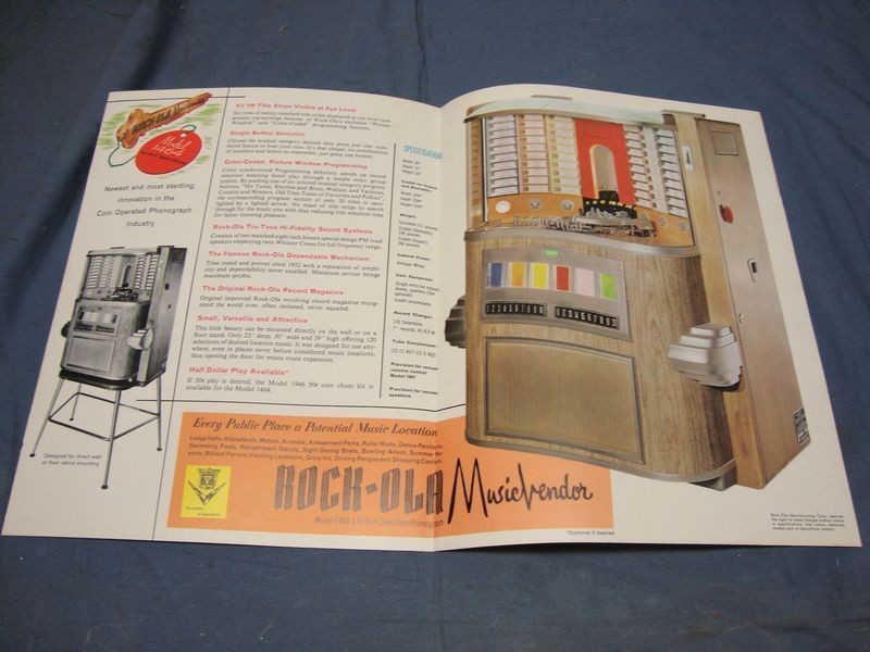 ORIGINAL ROCK OLA JUKEBOX MODLE 1464 120 FOLD OUT SALES FLYER