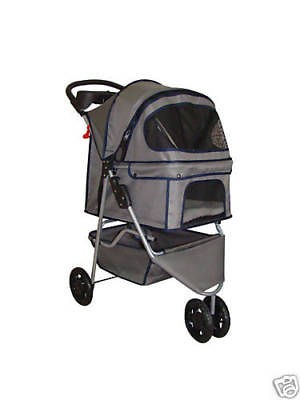 Gray 3 Wheels Pet Dog Cat Stroller w/Rain Cover