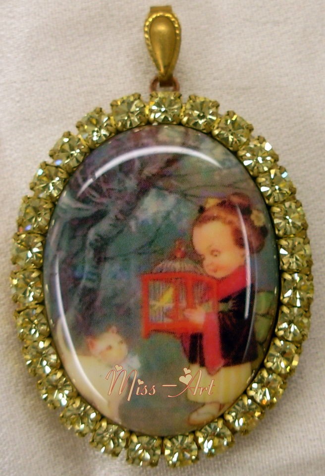 ORIENTAL CHILD & CAT With BIRDCAGE Cameo Locket Necklace Rhinestones 