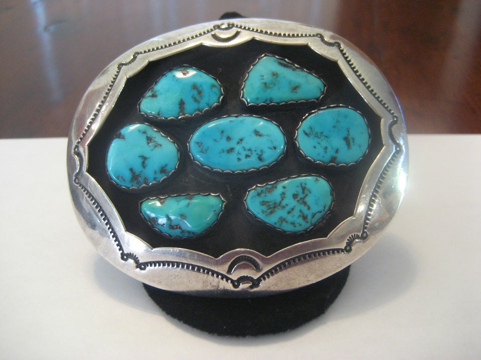 Fine Vintage Navajo Sterling Turquoise Shadow Box Belt Buckle, c1960s