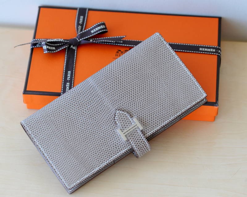 HERMES EXOTIC LIZARD SAND LIGHT GRAY BEARN WALLET SILVER H PALLADIUM 