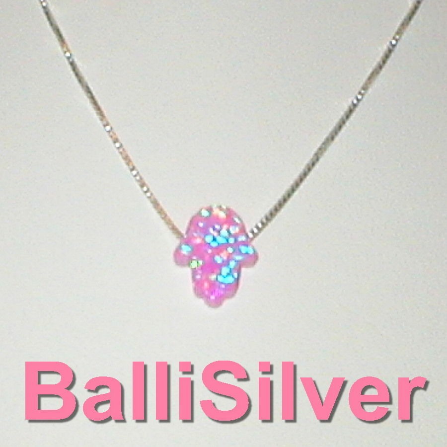   Silver 925 BOX Chain Necklace with Small PINK OPAL HAMSA Hand Charm