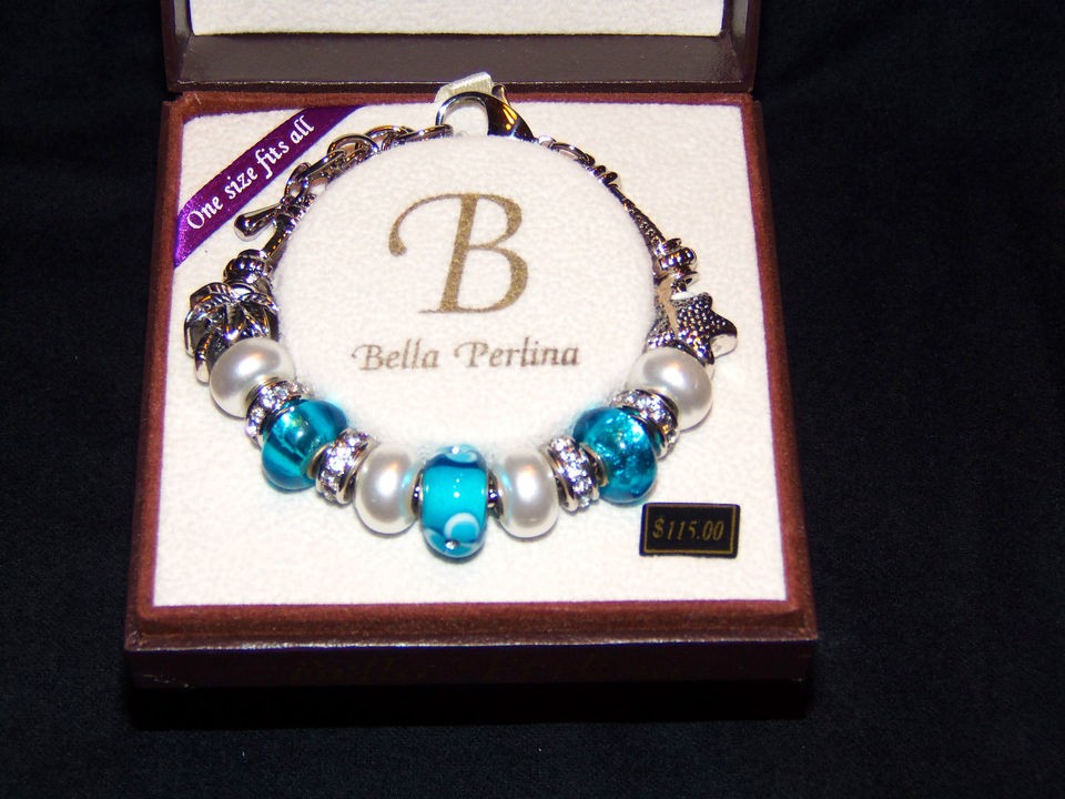 BELLA PERLINA EUROPEAN CRYSTAL & GLASS BEAD CHARM BRACELET   CARIBBEAN 