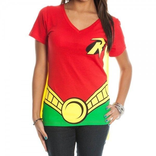   Tee DC COMICS NEW Robin Red V Neck w/Cape (JUNIORS) Costume vn09q9dco