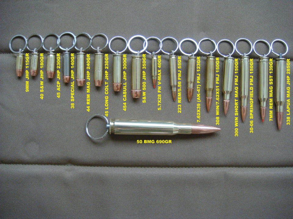 REAL BULLET KEYCHAIN 50 BMG, 338 LAPUA, 7.62X39 (AK47), 223, 45ACP, 5 