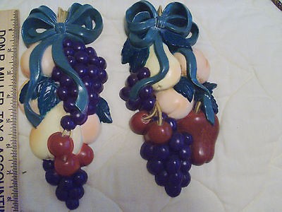 VTG BURWOOD PLAQUE SET GRAPES & FRUIT BOLD COLORS MADE IN USA HOME 