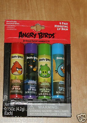 ANGRY BIRDS LIP BALM 4 PK RED Cherry BLACK Grape PIG Green Apple BLUE 