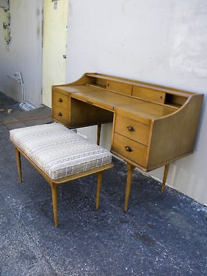 MID CENTURY VANITY/DESK WITH MIRROR & STOOL BY LENOIR