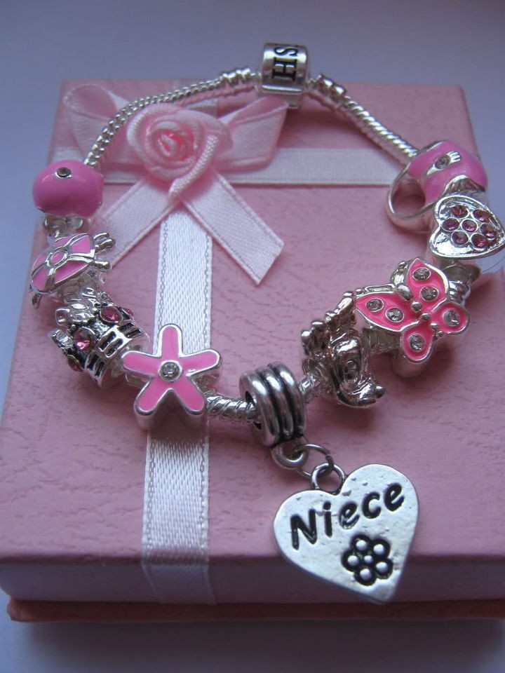 CHILD/TEEN PINK CHARM BRACELET 7 DAUGHTER/NIECE/SISTER/GRANDDAUGHTER 