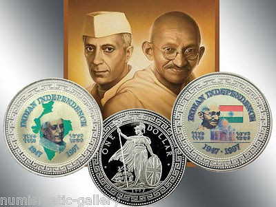   BRITAIN 2 TRADE DOLLARS 1997 = GANDHI & NEHRU   INDIAN INDEPENDENCE