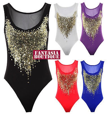 Ladies Sheer Gold Sequin Mesh Insert Low Back Leotard Womens Bodysuit 