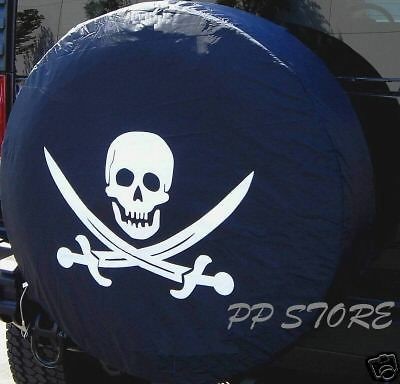 SPARE TIRE COVER 24.5 25.9 with safari Pirate Skull white on black 