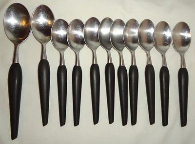   GRENADIER STAINLESS, JAPAN SPOONS WOOD HANDLE FLATWARE, RETRO, SLEEK