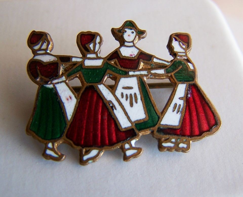   Victorian Enamel Copper Dancing Dutch Girls Figural Brooch ~C Clasp