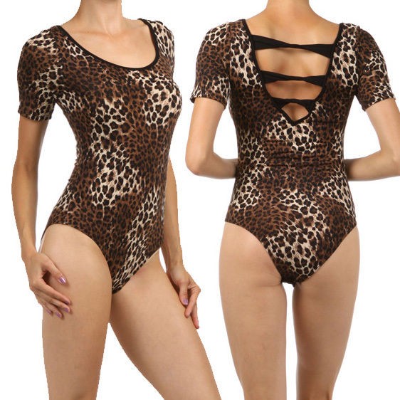 Leopard Bodysuit Top Animal Print Leotard Bandage open Back Clasp 