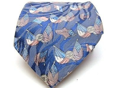 CHANEL BLUE AMERICA FRANCE FLAGS SILK NECKTIE NECK TIE