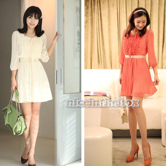 Korean Cuff Ruffle Chest Pleated Scoop Neckline Skirt Chiffon Elegant 