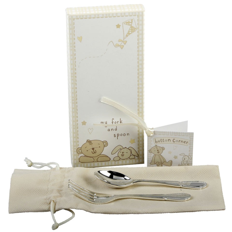 BUTTON CORNER Fork & Spoon Cutlery Set NEW Baby Gift 16775