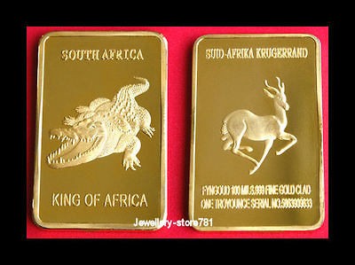 SOUTH AFRICA KRUGERRAND 1 OZ .999 24K GOLD PLATED BAR KING OF AFRICA 