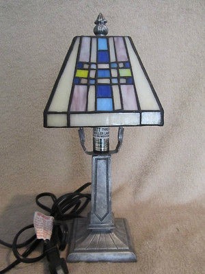 ELEMENTS BRAND SILVER TONE LAMP BASE WITH STAINED GLASS SHADE