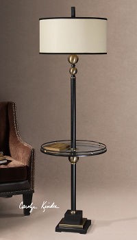   Black Metal Table Floor Lamp Horchow Off White Linen Shade Light New