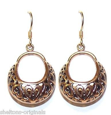   ~ ROSE GOLD Filigree HOOP EARRINGS Heart ANTIQUE VINTAGE / ANTIQUE