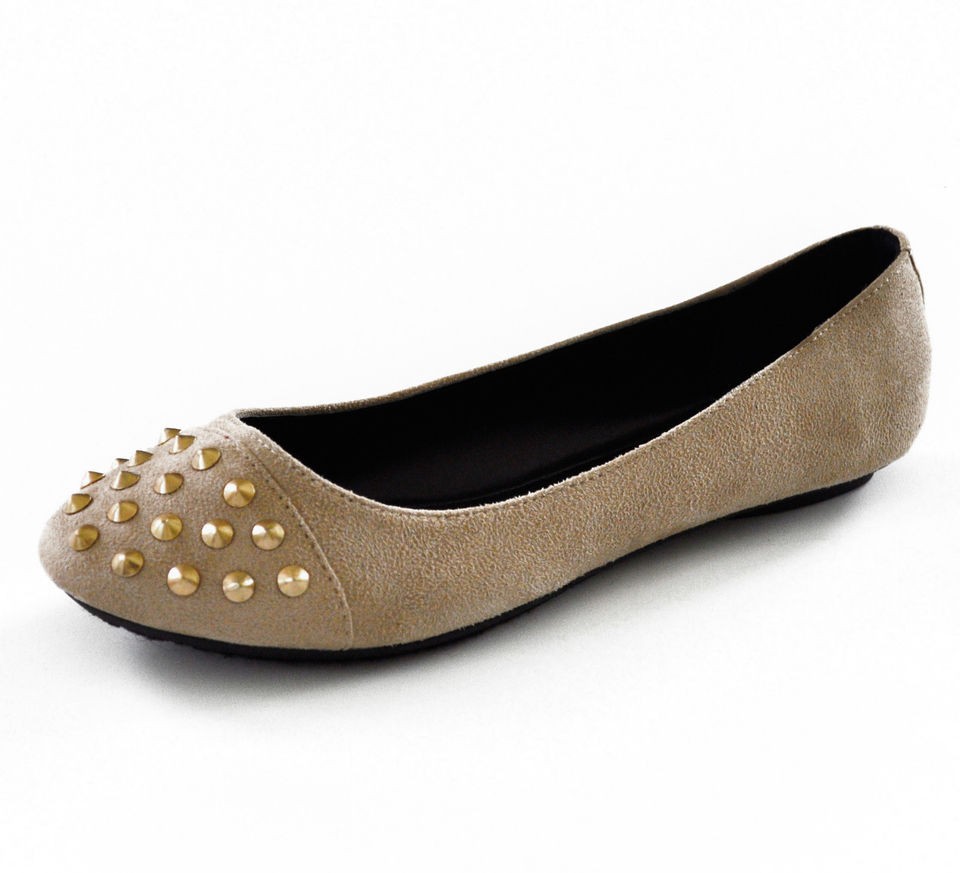 CITY CLASSIFIED GLORIA S TAUPE FAUX SUEDE STUDDED SPIKE CAP TOE FLATS