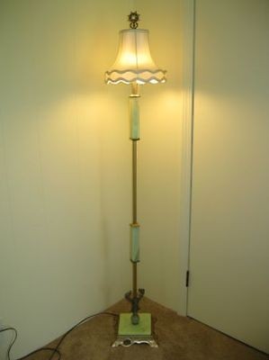   HOUZE JADITE ART GLASS FLOOR LAMP BRASS SERPENTS STAR FINIAL Restored