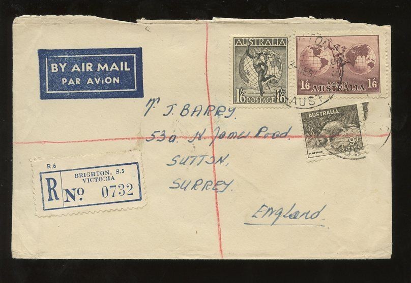 AUSTRALIA 1951 REGISTERED AIRPLATYPUS + BOTH HERMES FRANKING 