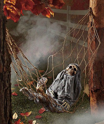 INTERACTIVE HALLOWEEN SKELETON IN HAMMOCK SOUND ACTIVATED YARD DECOR