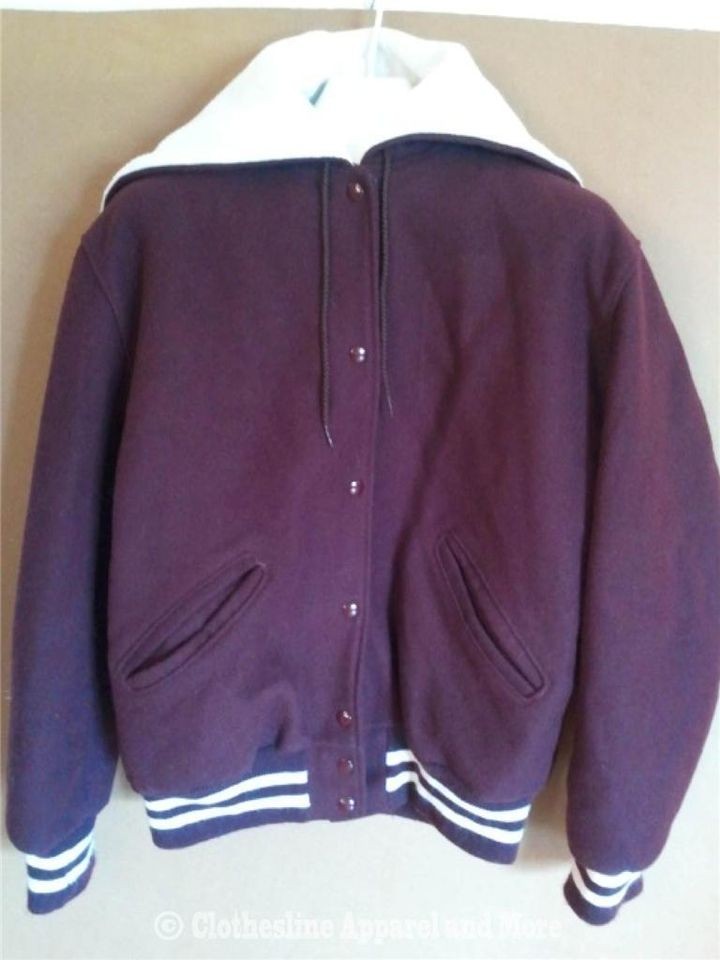 Mens Large Letterman Jacket Burgundy Winter Coat Hood 50s Costume 