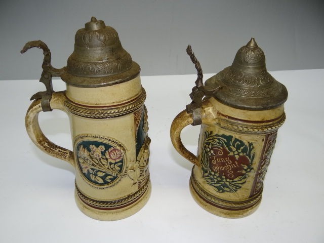   Old German Star Hallmarked Ceramic Metal Lidded Beer Steins Mugs NR