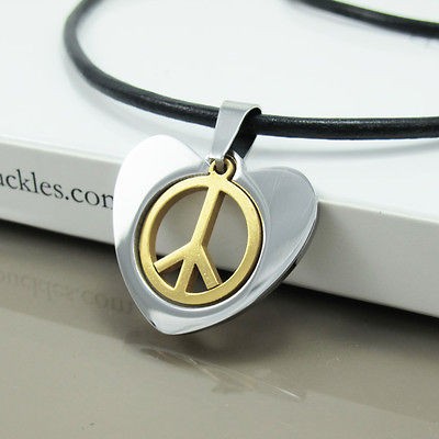 NEW Silver Gold Love Peace Woodstock Hippie Pendant Mens Black Leather 