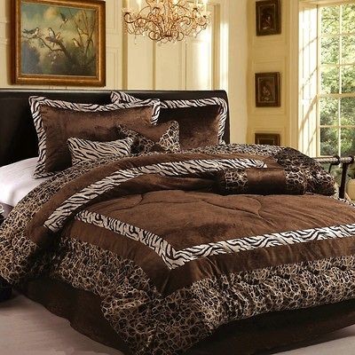 7PC Luxury Faux Fur Safarina Brown Zebra Animal Comforter QUEEN Set
