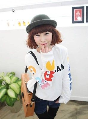 Fashion Pac Man Pattern Sweater #1031 white Lady Long Sleeve Casual T 