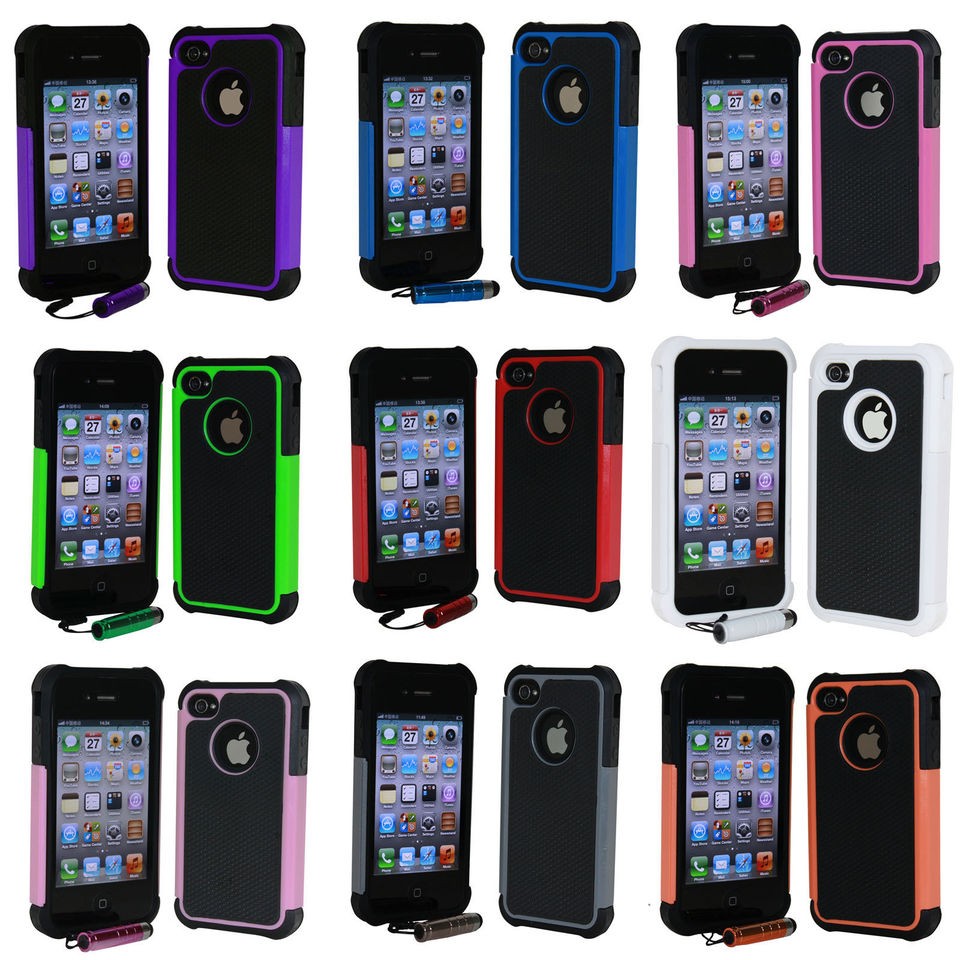   For iPhone 4 4S Hard 2 Piece Hybrid High Impact Case 9 Colors Silicone