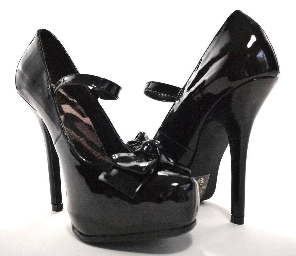 Foxy Platform Bow Mary Jane Heel Pumps Black Patent