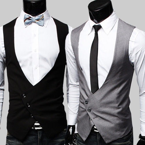 Mens slim Obliqued Button Suit Vest Big V neck casual business Vest 