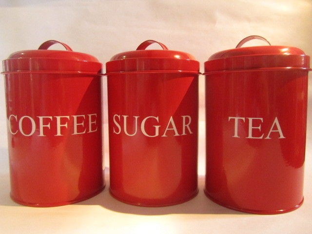   CANISTER STORAGE SET JAR TEA COFFEE SUGAR RETRO TIN ENAMEL METAL NEW