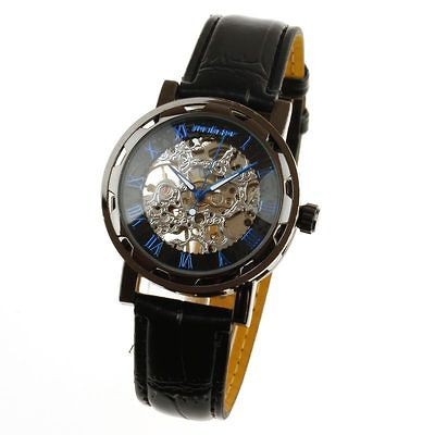 PACIFISTOR Analog Black Leather Mens Skeleton Mechanical NEW Wrist 