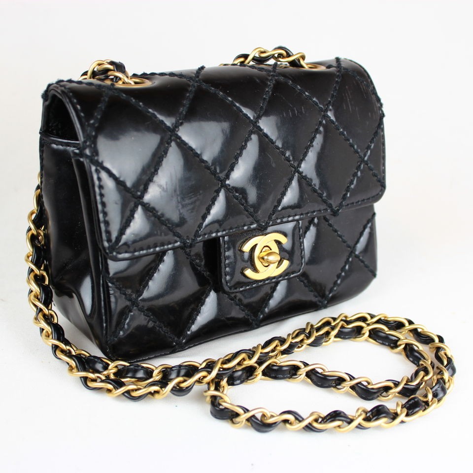   Mini Matelasse Flap Black Shiny Calf Skin Chain Shoulder Bag #226