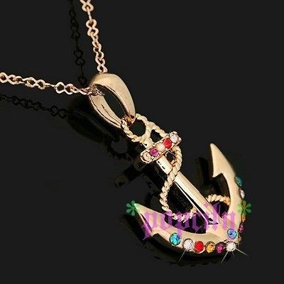 18K Gold GP Austrian swarovski crystal Anchor Necklace