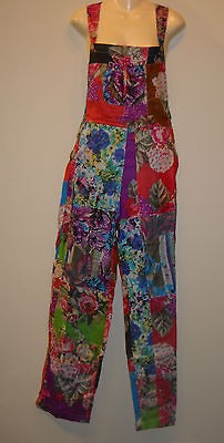 FUNKY STUFF PATCH FLORAL LINED COTTON OVERALLS S 36 WAIST 46 HIPS 