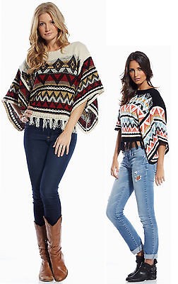 Sweater Poncho Crop Fringe (Aztec Print)