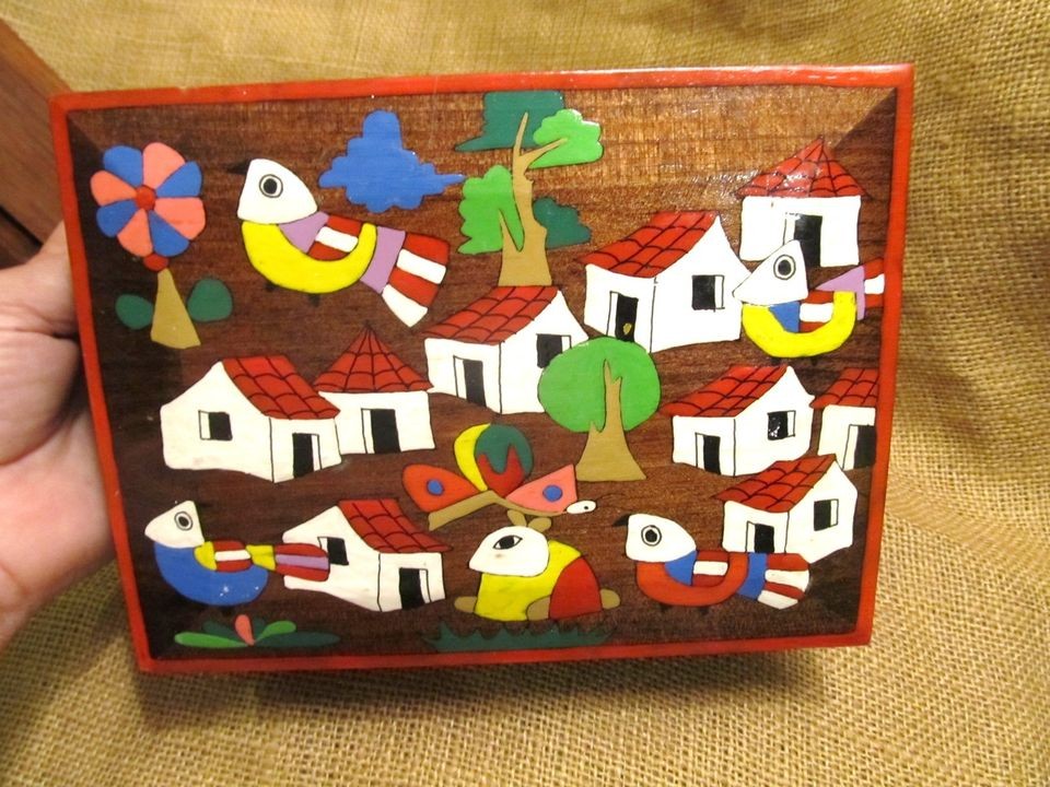 BRIGHT COLORFUL CHEERFUL ANIMALS HOMES TREE EL SALVADOR ARTWORK Wood 