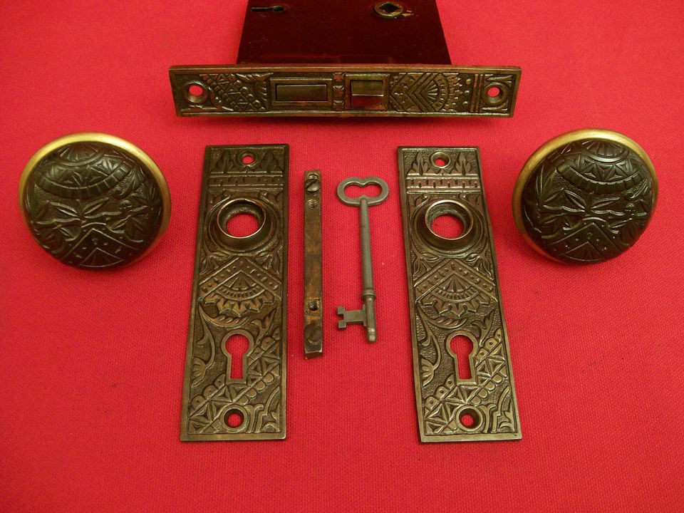 Antique Oriental Pattern, Cast Iron Door Lock Set c.1880